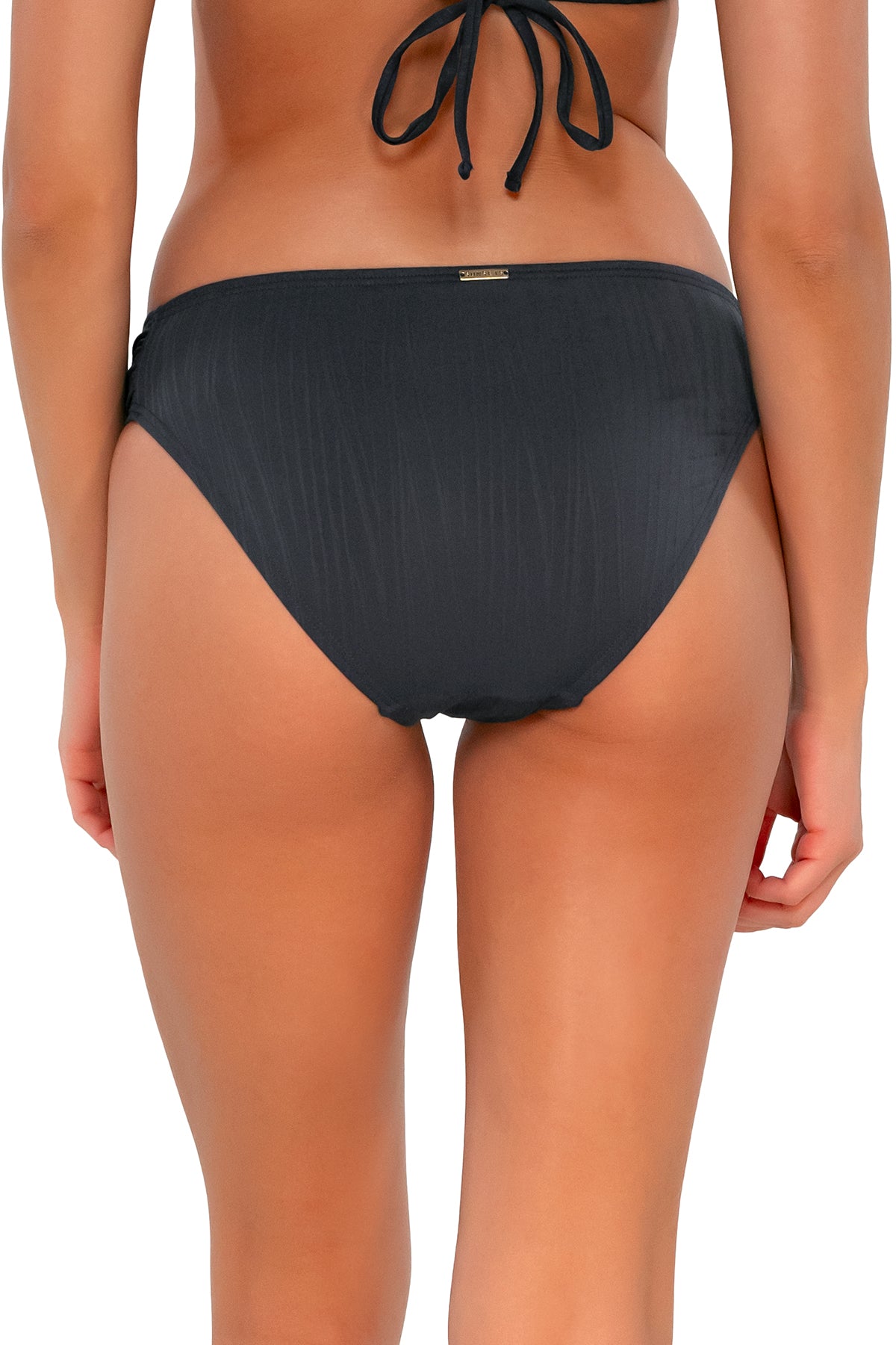 Back pose #1 of Daria wearing Sunsets Slate Seagrass Texture Audra Hipster Bottom