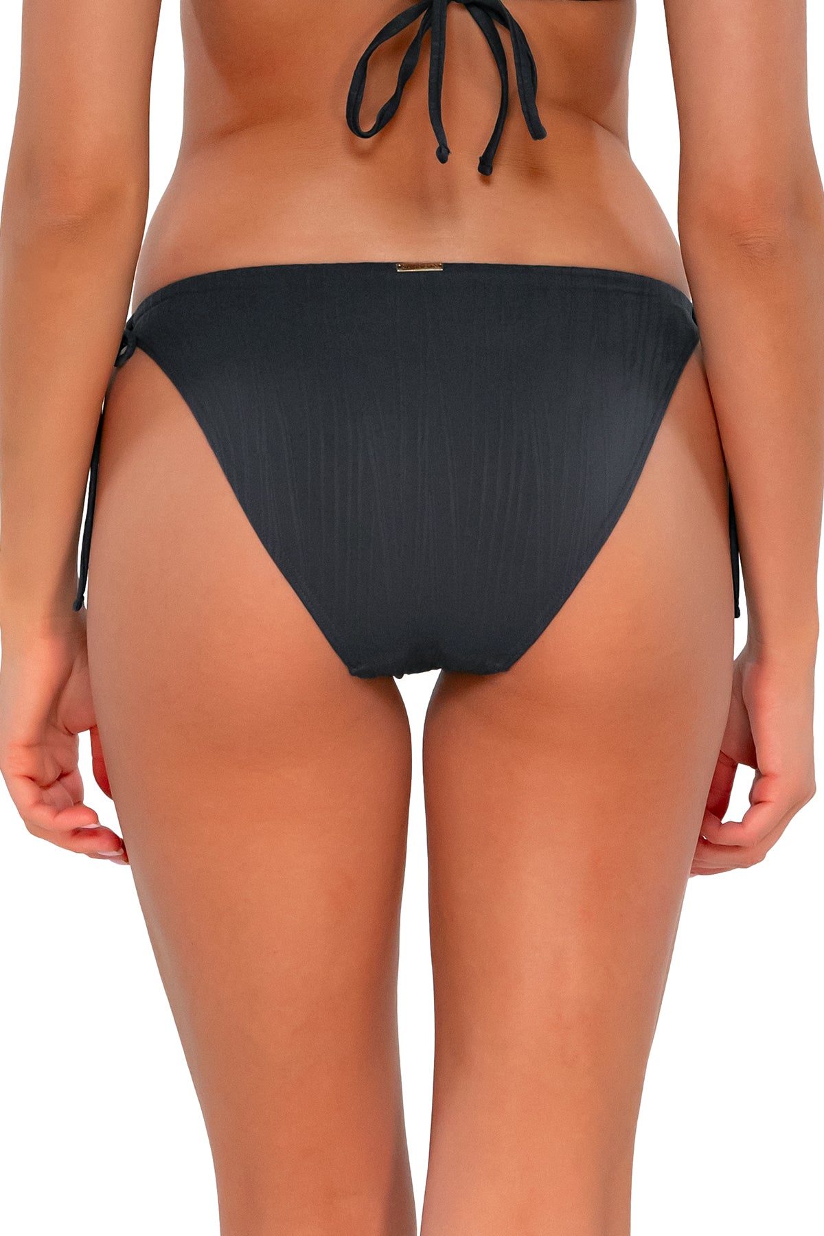 Back pose #1 of Daria wearing Sunsets Slate Seagrass Texture Everlee Tie Side Bottom