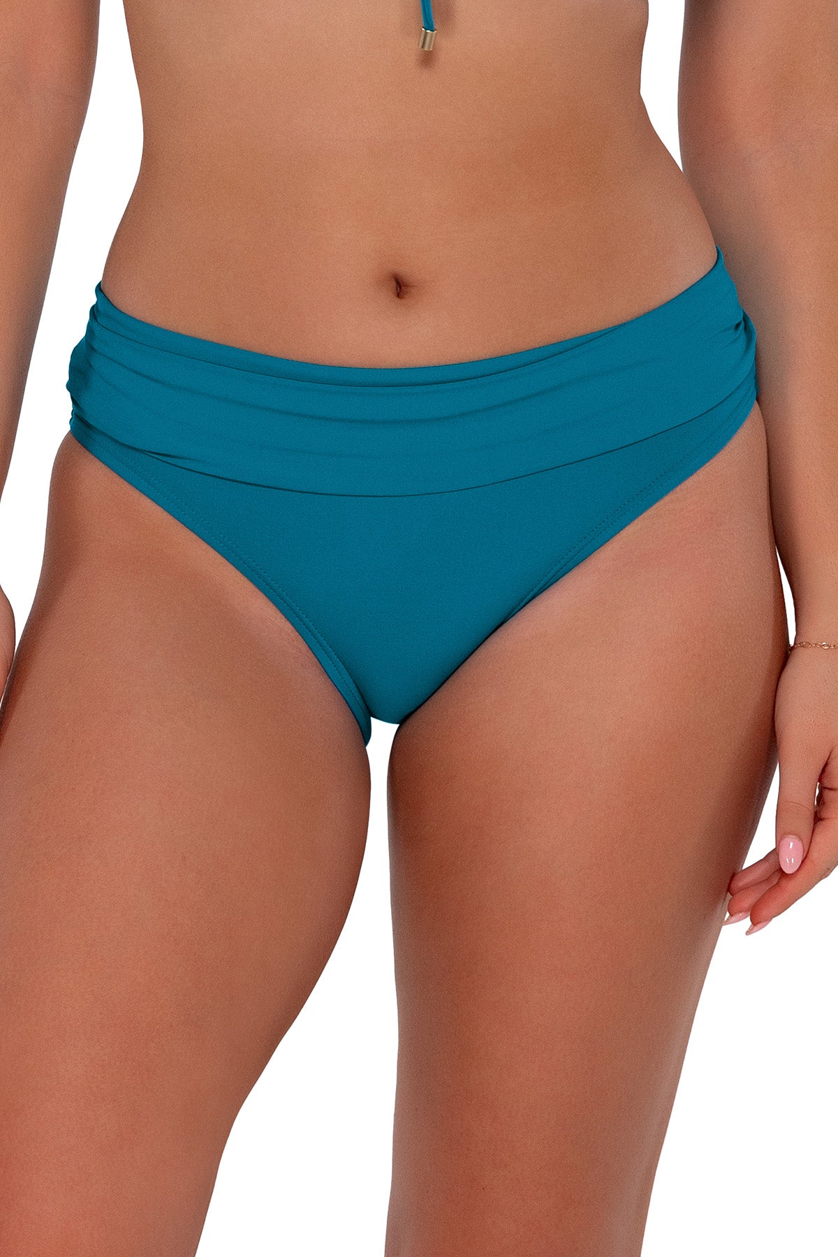 Front pose #1 of Taylor wearing Sunsets Avalon Teal Unforgettable Bottom