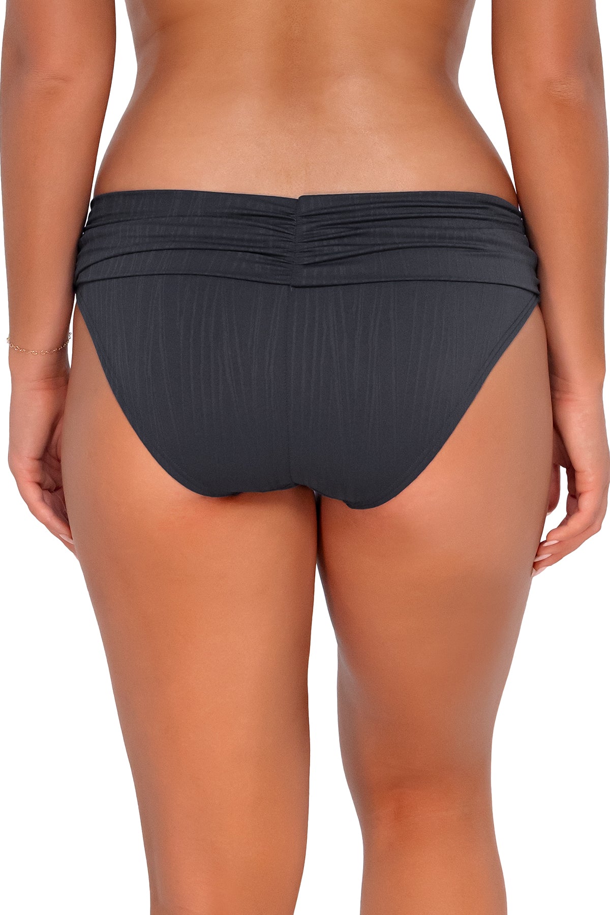 Back pose #1 of Taylor wearing Sunsets Slate Seagrass Texture Unforgettable Bottom