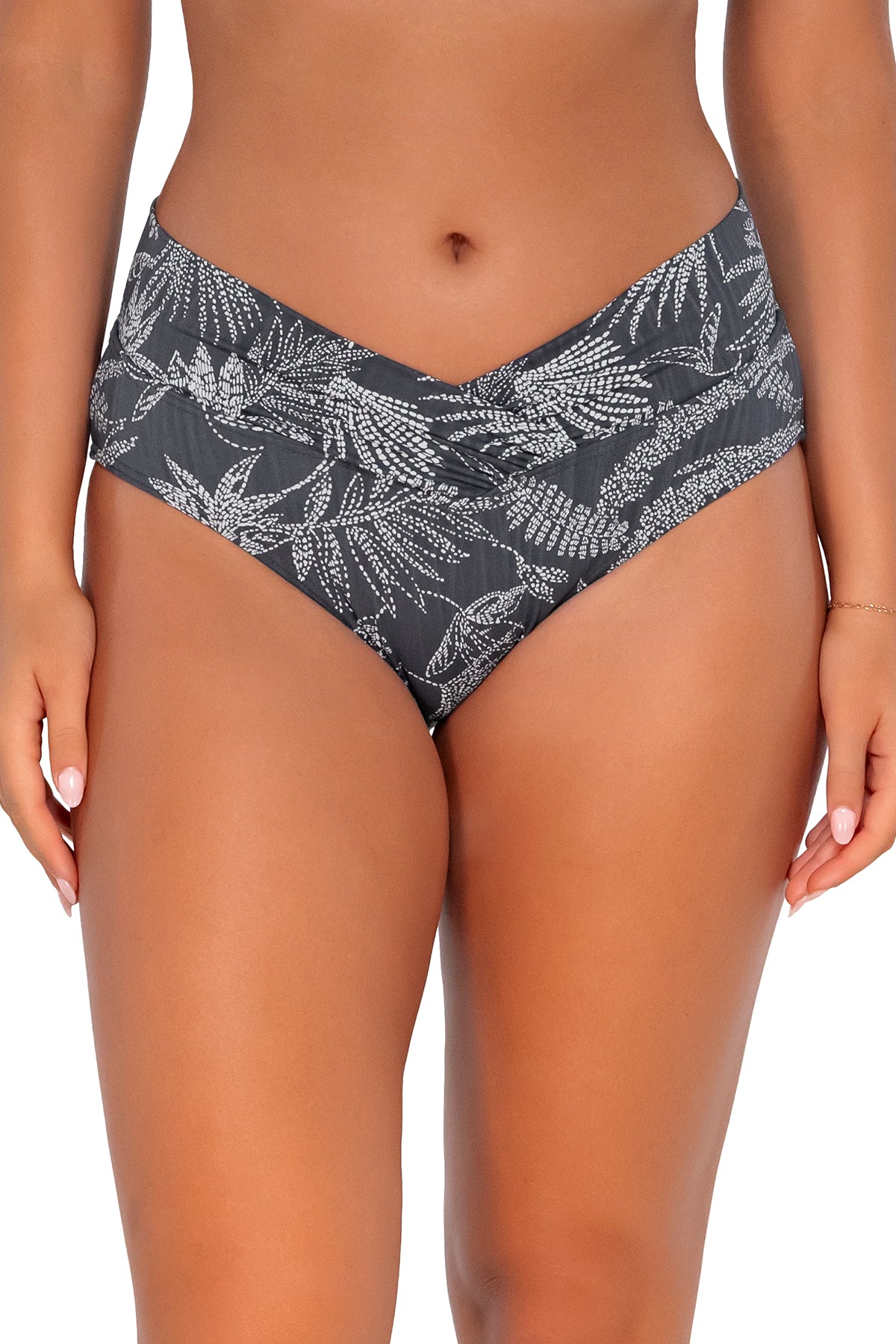 Front pose #1 of Taylor wearing Sunsets Fanfare Seagrass Texture Summer Lovin' V-Front Bottom