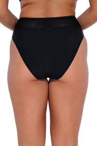 Back pose #1 of Taylor wearing Sunsets Black Annie High Waist Bottom