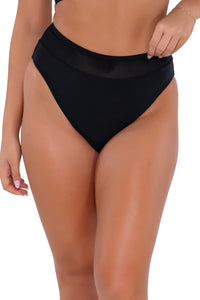 Front pose #1 of Taylor wearing Sunsets Black Annie High Waist Bottom