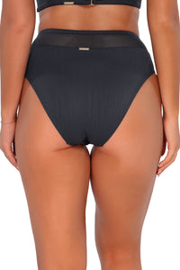 Back pose #1 of Taylor wearing Sunsets Slate Seagrass Texture Annie High Waist Bottom