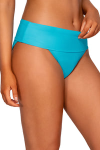Side view of Sunsets Blue Bliss Hannah High Waist bikini bottom showing folded waist