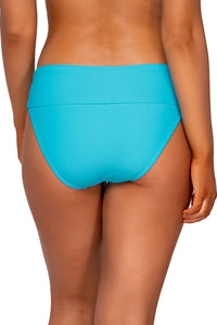 Back view of Sunsets Blue Bliss Hannah High Waist bikini bottom showing folded waist