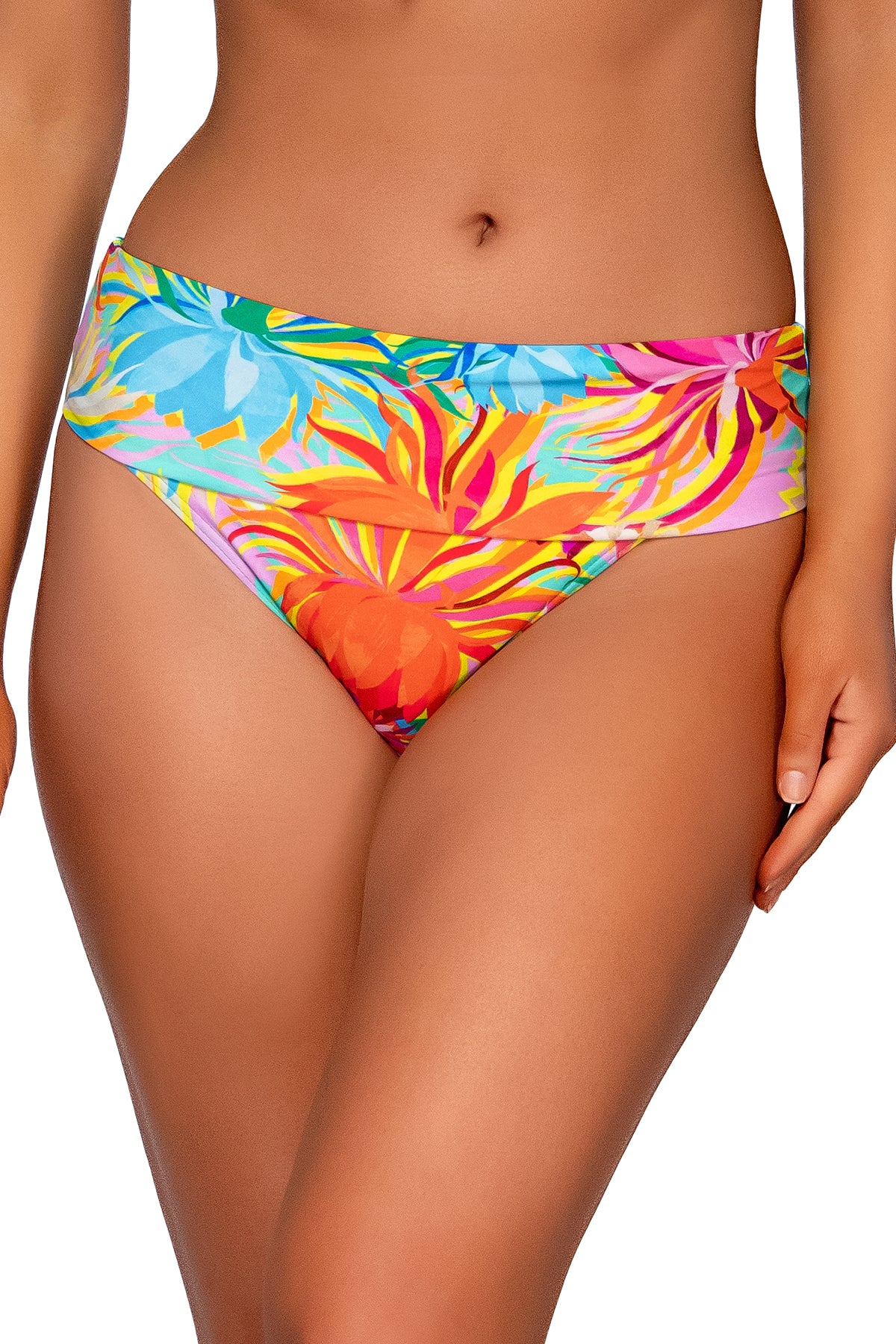 Front view of Sunsets Lotus Hannah High Waist Bottom showing folded waist