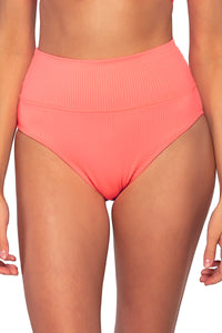 Front view of Sunsets Neon Coral Hannah High Waist Bottom