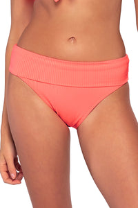 Front view of Sunsets Neon Coral Hannah High Waist Bottom showing folded waist