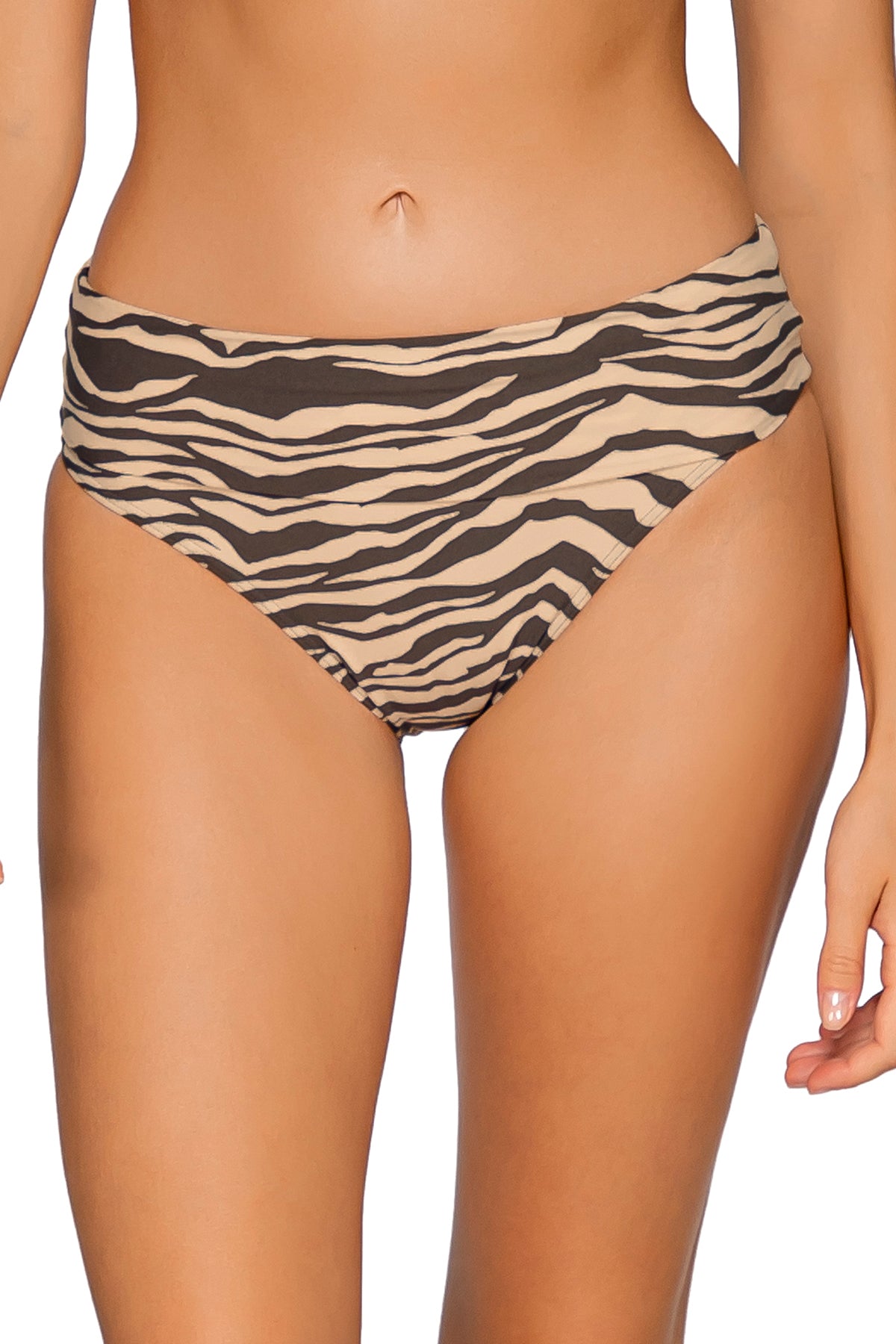 Front view of Sunsets On the Prowl Hannah High Waist Bottom showing folded waist