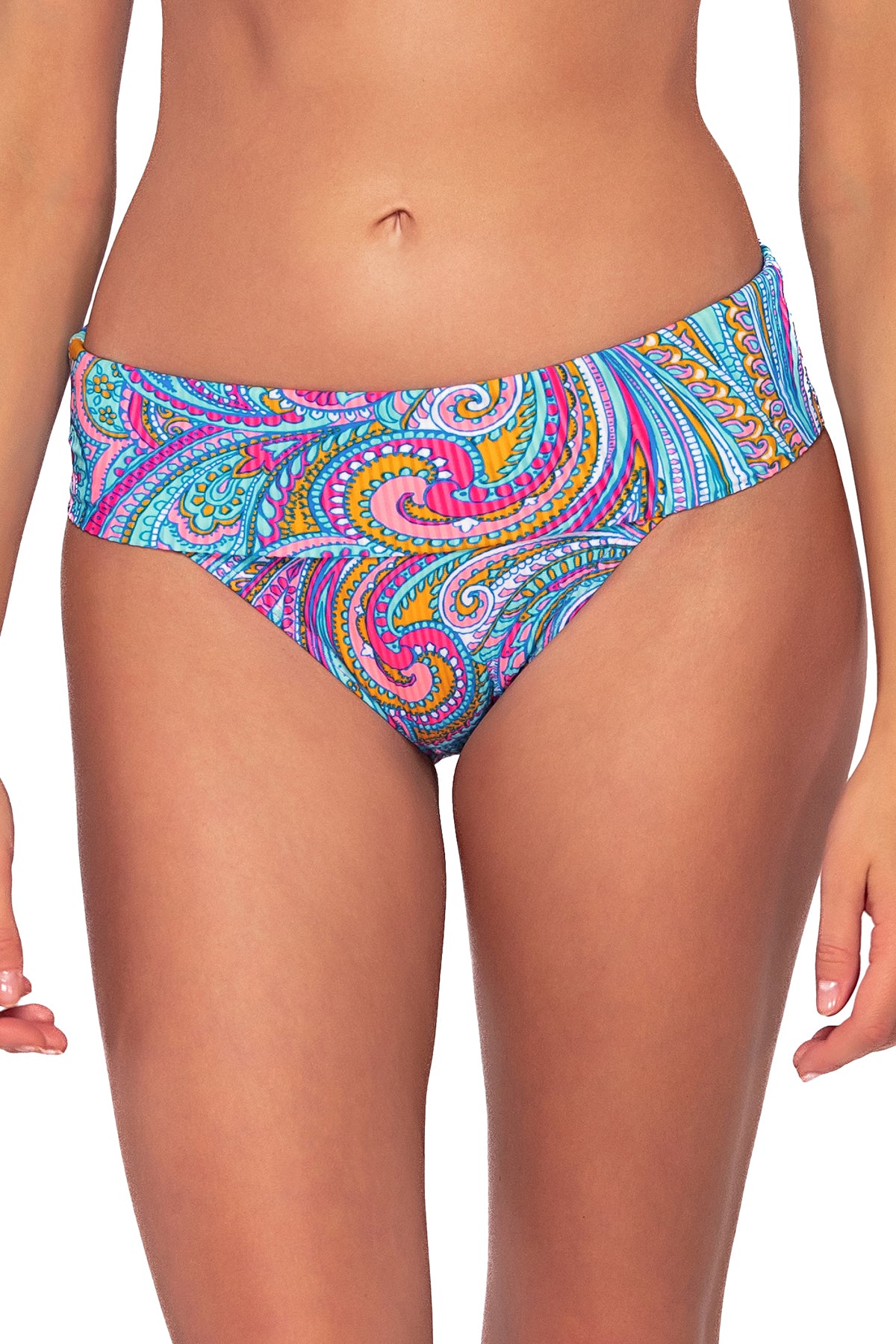 Front view of Sunsets Paisley Pop Hannah High Waist Bottom showing folded waist