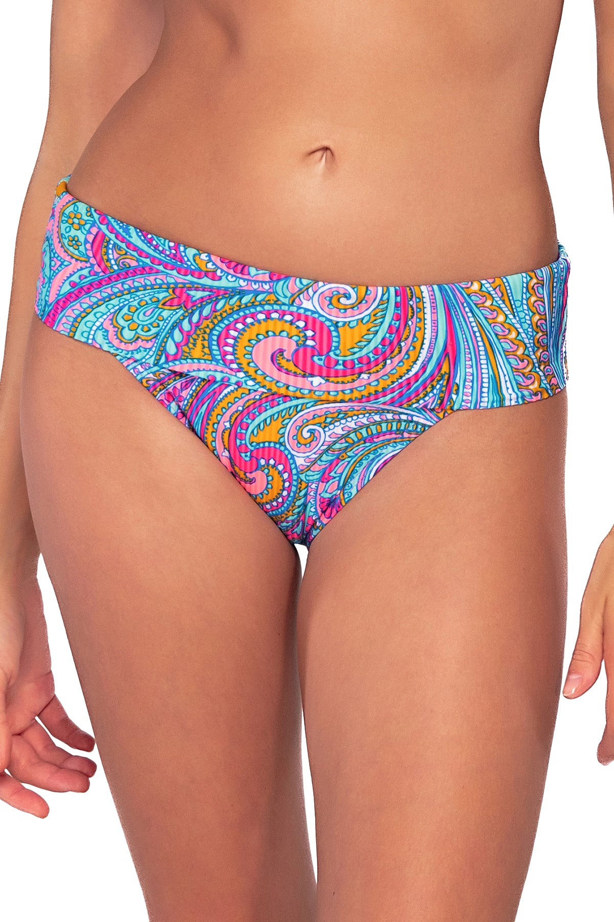 Additional front view of Sunsets Paisley Pop Hannah High Waist Bottom showing folded waist