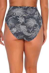 Back pose #1 of Taylor wearing Sunsets Fanfare Seagrass Texture Hannah High Waist Bottom