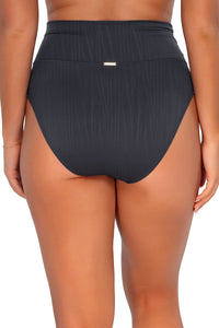 Back pose #1 of Taylor wearing Sunsets Slate Seagrass Texture Hannah High Waist Bottom