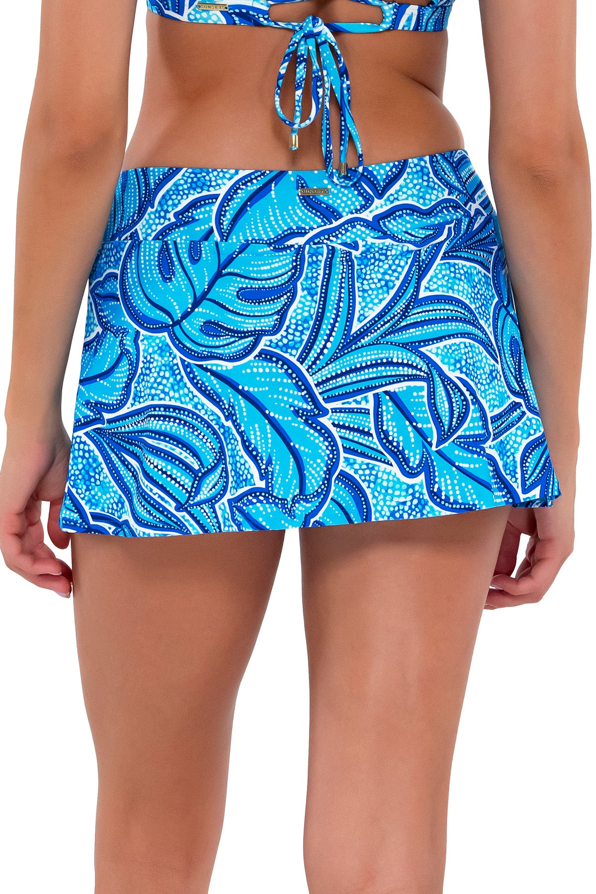 Back pose #1 of Daria wearing Sunsets Seaside Vista Sporty Swim Skirt
