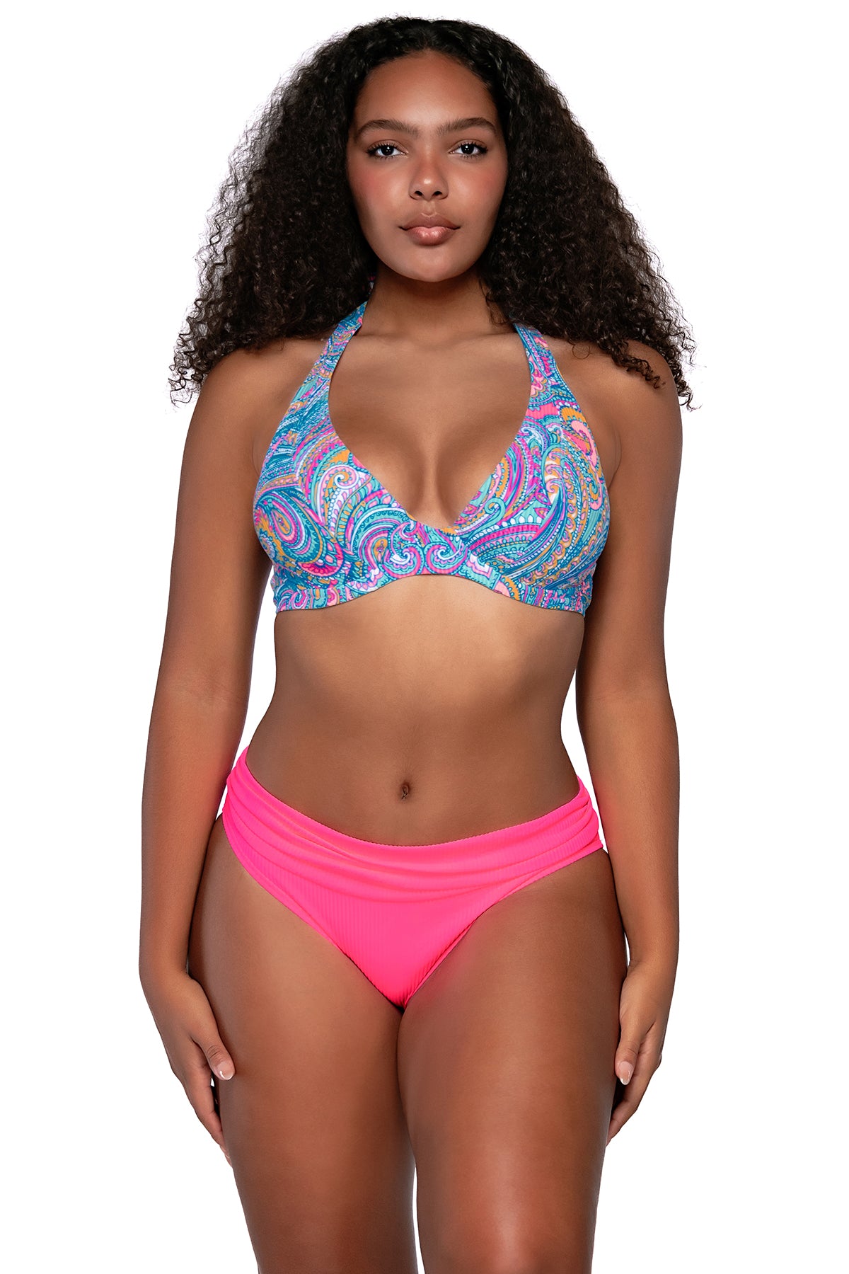 Front view of Sunsets Paisley Pop Muse Halter Top with matching Unforgettable Bottom bikini