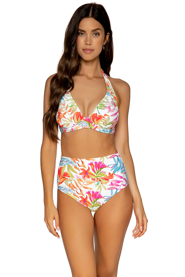 Front view of Sunsets Tropical Breeze Muse Halter Top with matching Hannah High Waist bikini bottom
