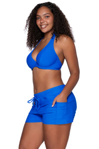 Side view of Sunsets Electric Blue Muse Halter Top with matching Laguna Swim Short