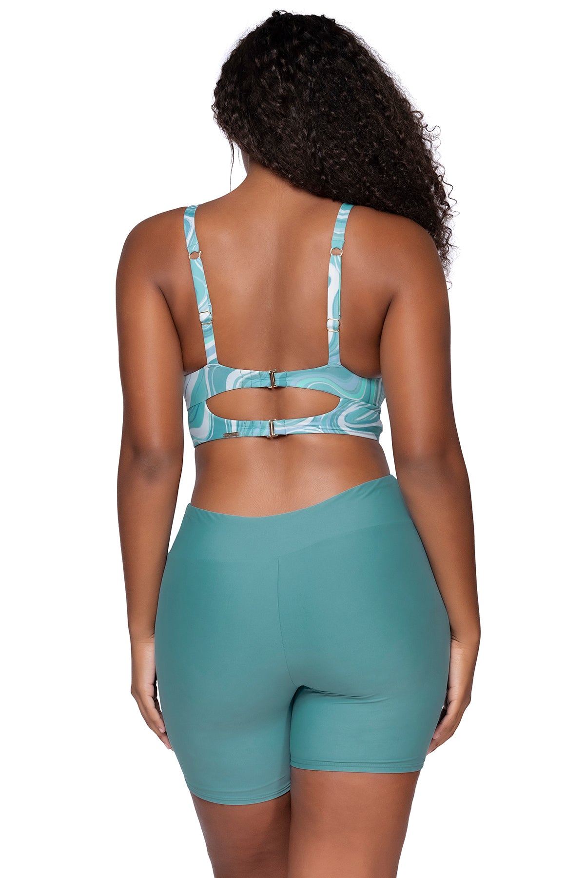 Back view of Sunsets Moon Tide Colette Bralette Top with matching Bayside Bike Short swim bottom