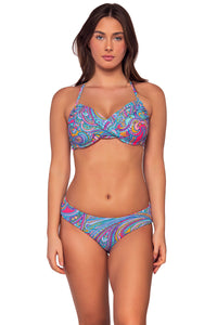 Front view of Sunsets Paisley Pop Crossroads Underwire Top with matching Alana Reversible Hipster bikini bottom