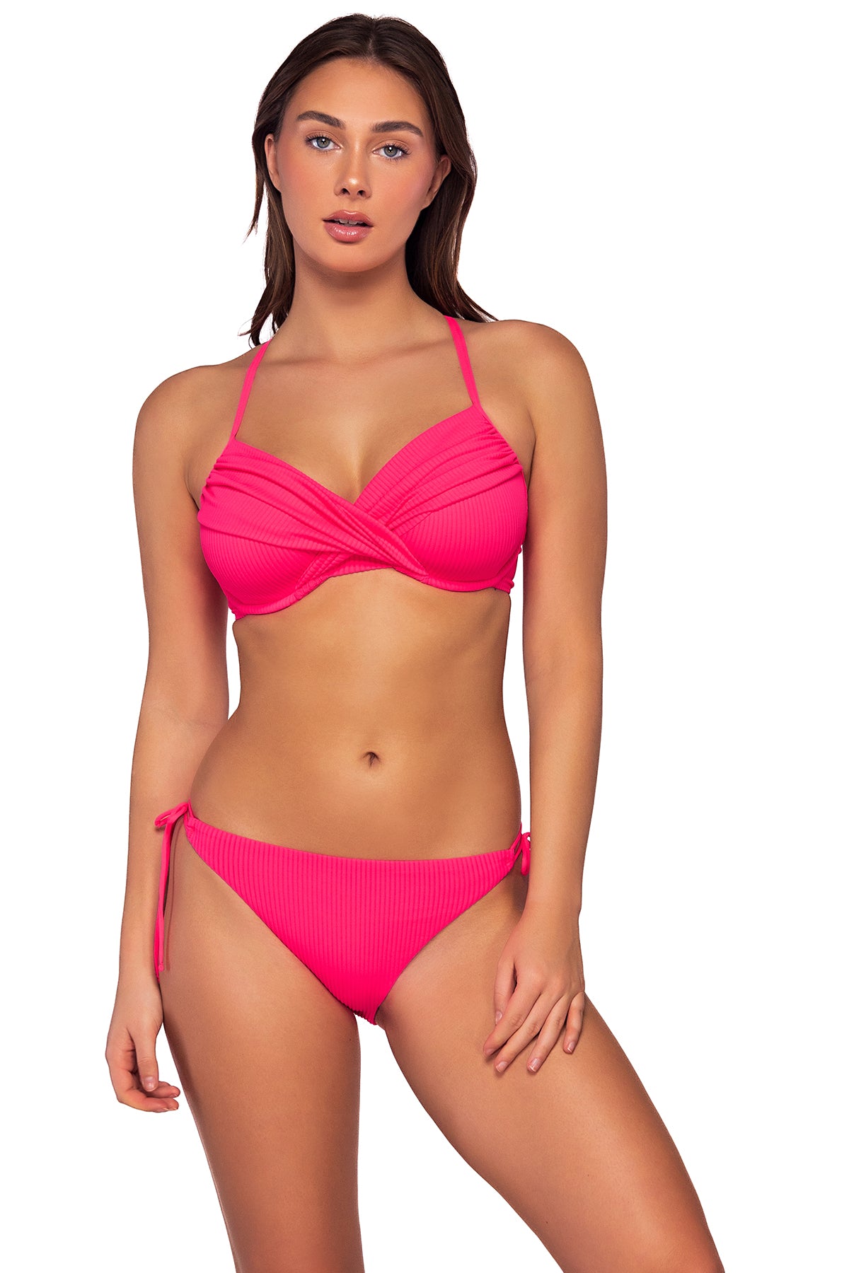 Front view of Sunsets Neon Pink Crossroads Underwire Top