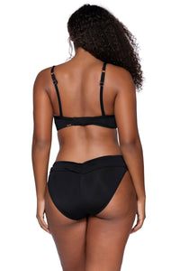 Back view of Sunsets Black Crossroads Underwire bikini top with Black Unforgettable Bottom swim hipster, featuring alternate model
