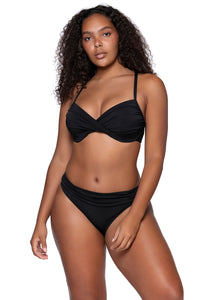 Front view of Sunsets Black Iconic Twist Bandeau bikini top with Black Unforgettable Bottom hipster featuring additional model