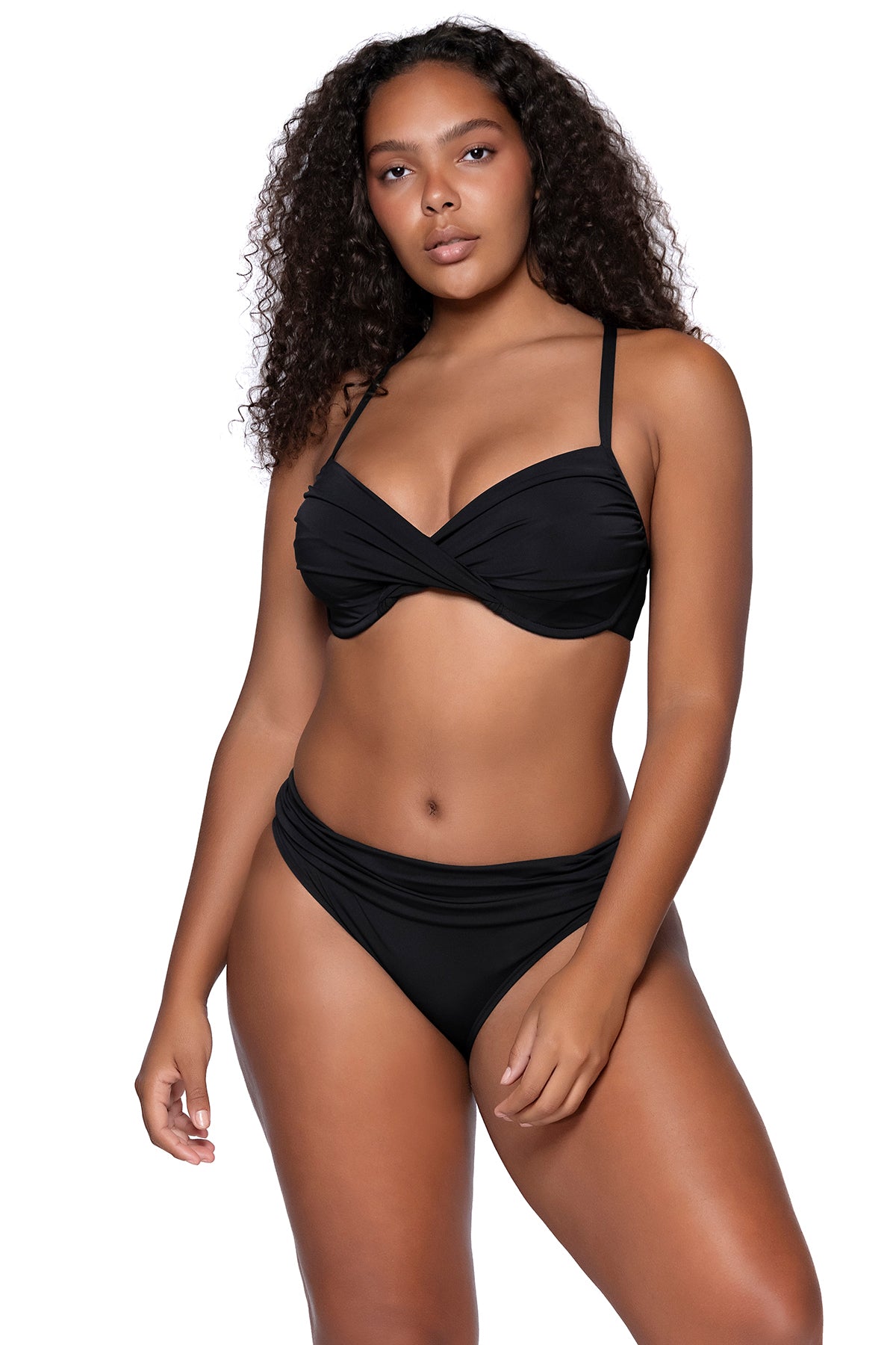 Front view of Sunsets Black Crossroads Underwire bikini top with Black Unforgettable Bottom swim hipster, featuring alternate model