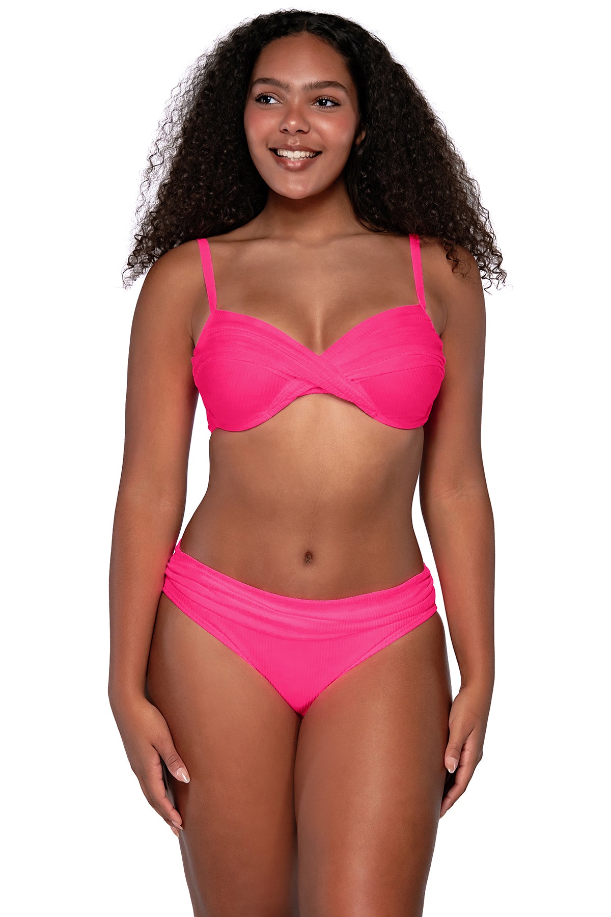Front view of Sunsets Neon Pink Crossroads Underwire Top