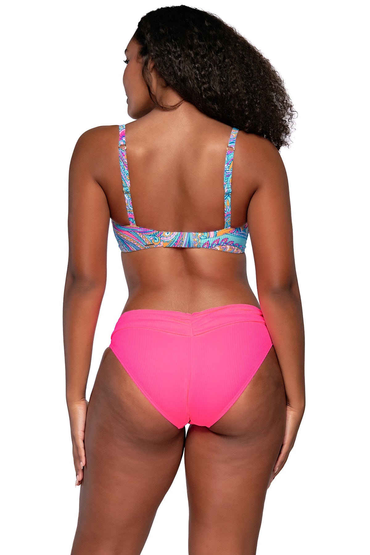 Back view of Sunsets Paisley Pop Crossroads Underwire Top with matching Unforgettable Bottom bikini