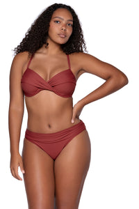 Front view of Sunsets Tuscan Red Crossroads Underwire Top Unforgettable Bottom bikini