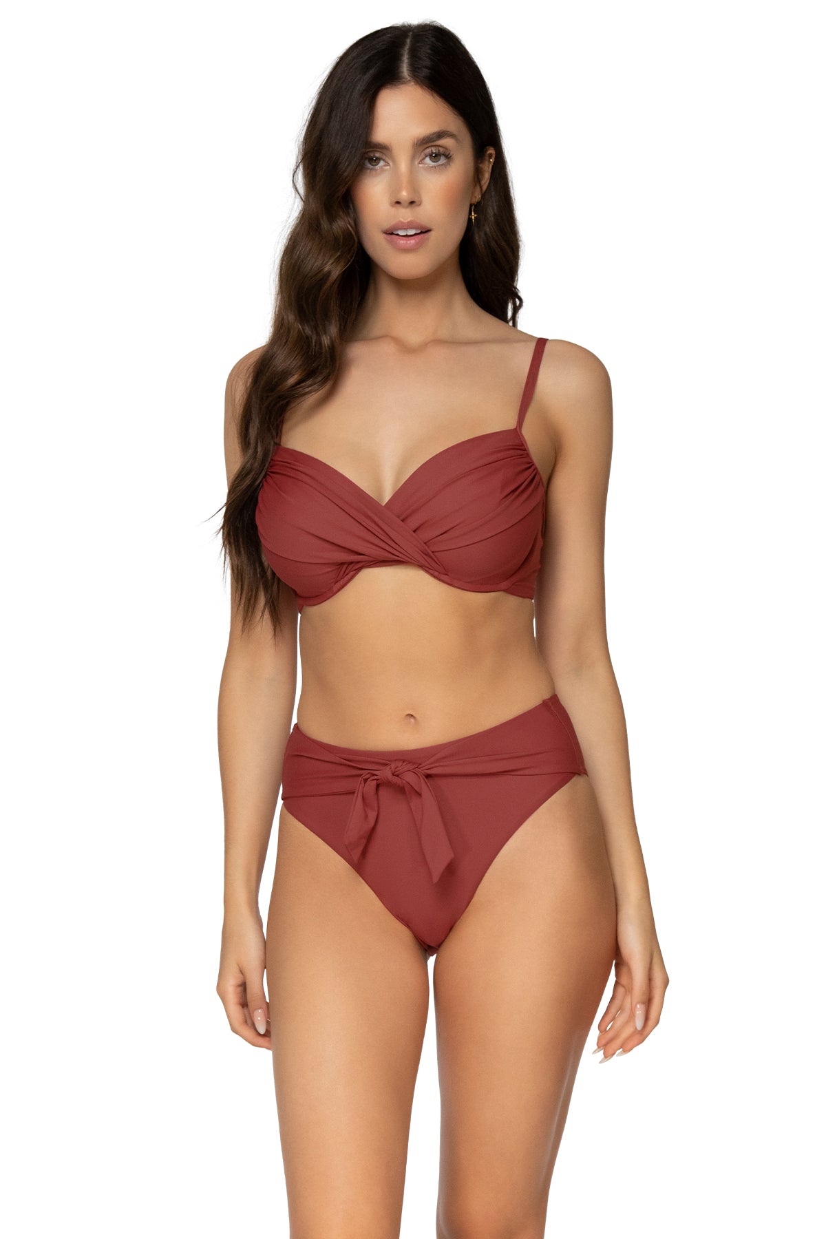 Front view of Sunsets Tuscan Red Crossroads Underwire Top