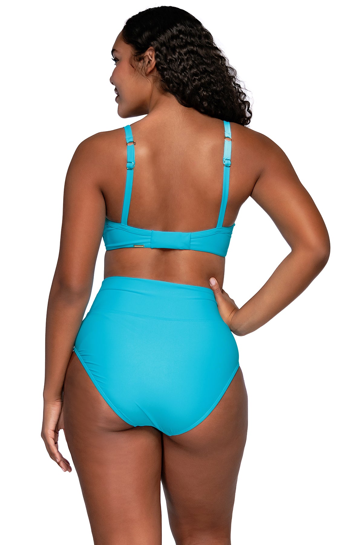 Back view of Sunsets Blue Bliss Crossroads Underwire bikini top with Blue Bliss Hannah High Waist bikini bottom, featuring alternate model