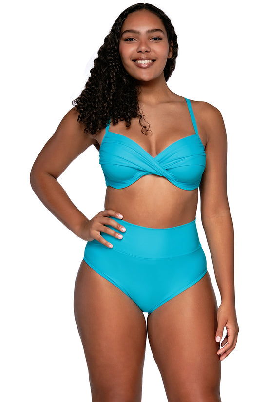 Charger l&amp;#39;image dans la galerie, Front view of Sunsets Blue Bliss Crossroads Underwire bikini top with Blue Bliss Hannah High Waist bikini bottom
