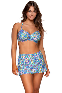 Front view of Sunsets Rainbow Falls Sporty Swim Skirt with matching Crossroads Underwire bikini top