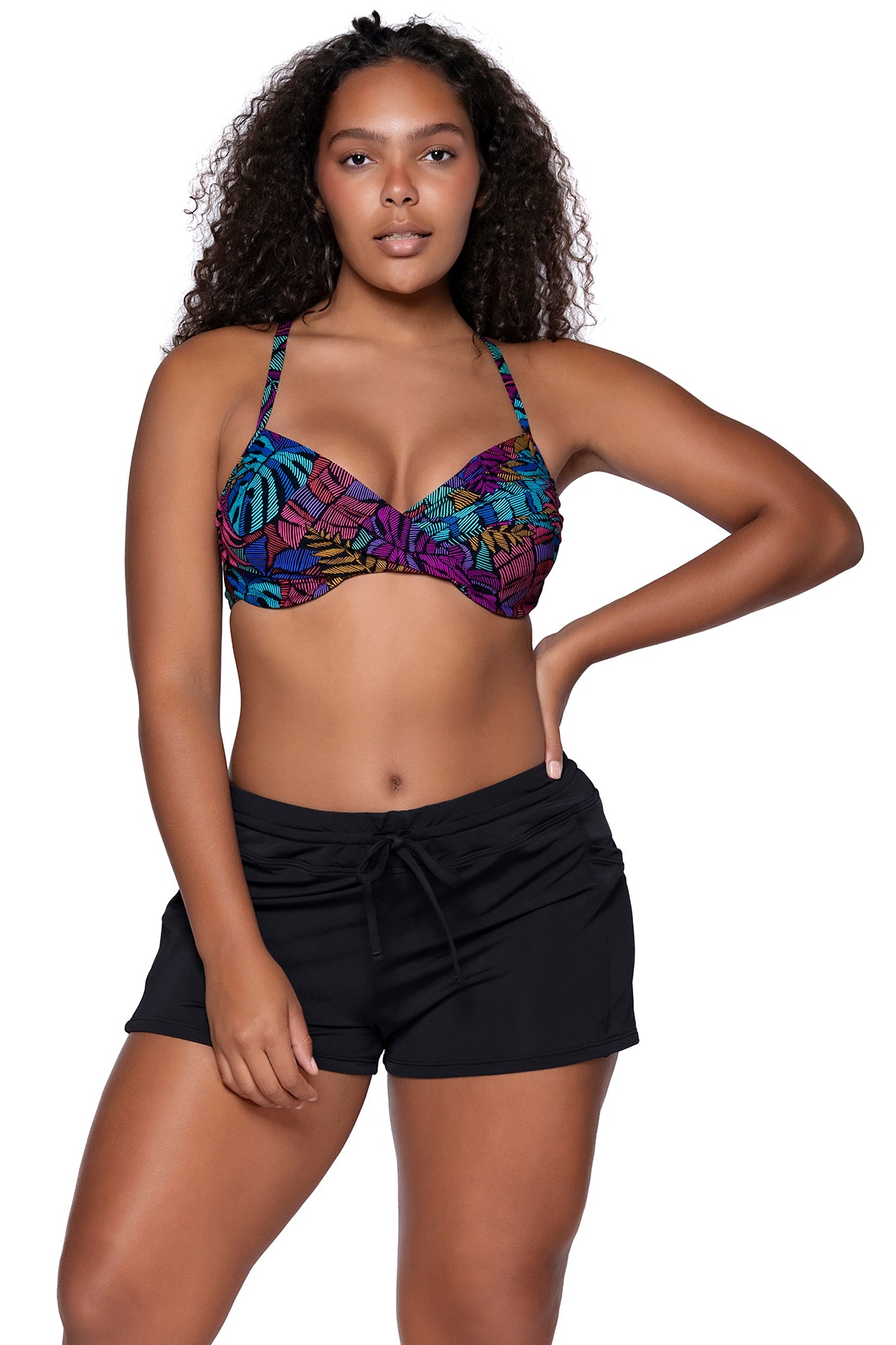 Front view of Sunsets Panama Palms Crossroads Underwire Top with matching Laguna Swim Short
