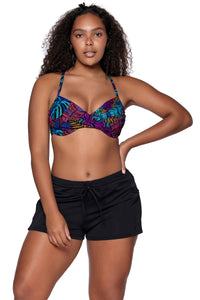 Front view of Sunsets Panama Palms Crossroads Underwire Top with matching Laguna Swim Short