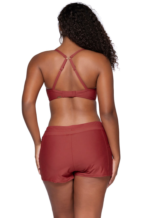 Back view of Sunsets Escape Tuscan Red Laguna Swim Short