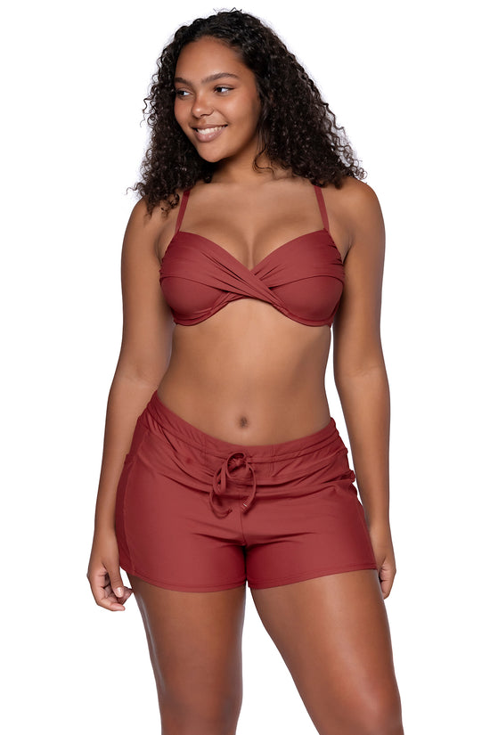 Front view of Sunsets Escape Tuscan Red Laguna Swim Short