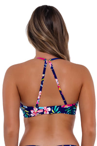 Back pose #1 of Taylor wearing Sunsets Island Getaway Crossroads Underwire Top showing crossback straps