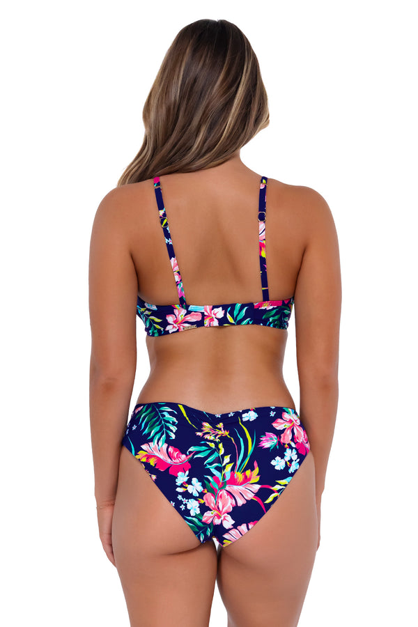 Back pose #1 of Taylor wearing Sunsets Island Getaway Crossroads Underwire Top with matching Alana Reversible Hipster bikini bottom