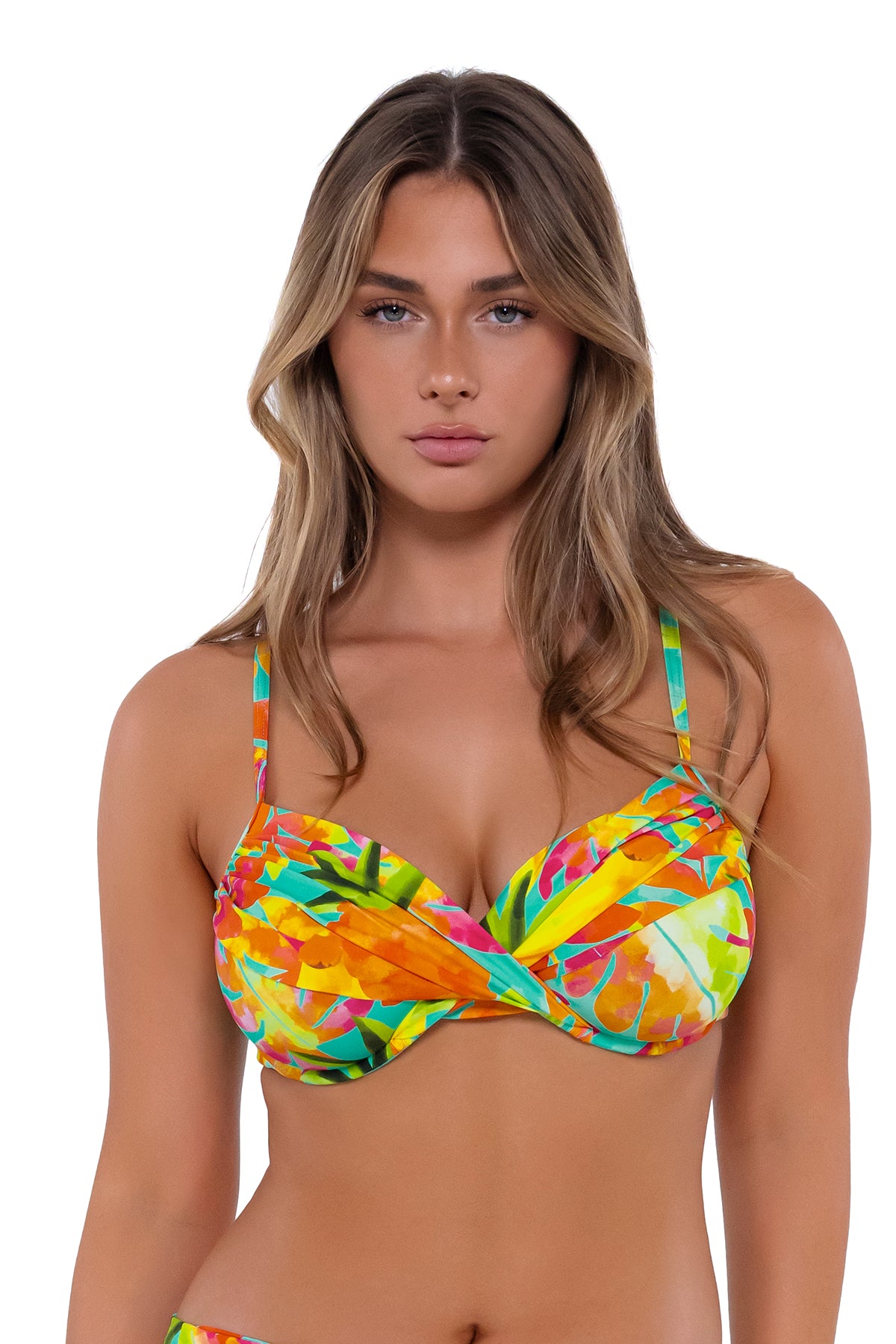Front pose #1 of Taylor wearing Sunsets Lush Luau Crossroads Underwire Top