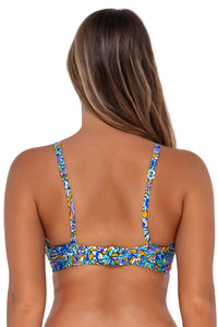 Back pose #1 of Taylor wearing Sunsets Pansy Fields Crossroads Underwire Top