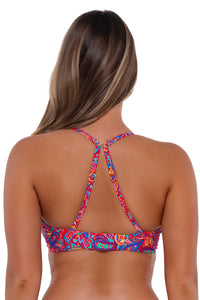Back pose #1 of Taylor wearing Sunsets Rue Paisley Crossroads Underwire Top showing crossback straps