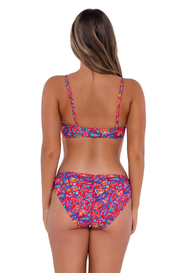 Back pose #1 of Taylor wearing Sunsets Rue Paisley Crossroads Underwire Top with matching Unforgettable Bottom bikini