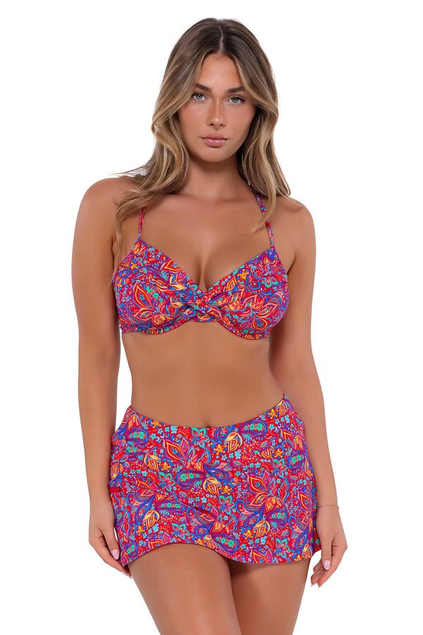 Front pose #1 of Taylor wearing Sunsets Rue Paisley Sporty Swim Skirt with matching Crossroads Underwire bikini top