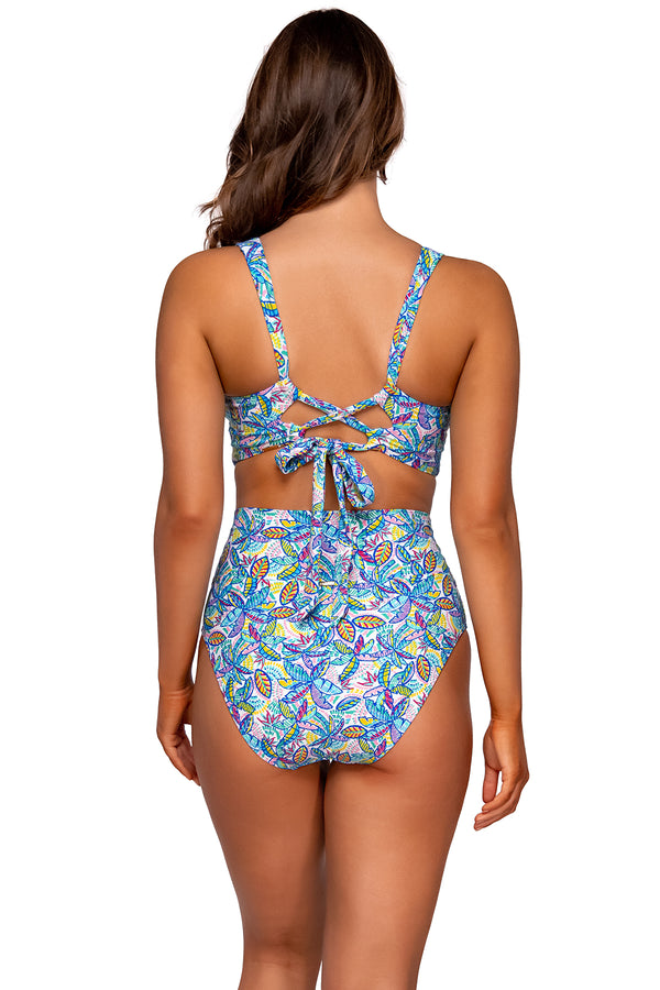 Back view of Sunsets Rainbow Falls Hannah High Waist Bottom with matching Elsie Top underwire bikini