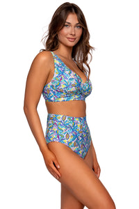Side view of Sunsets Rainbow Falls Hannah High Waist Bottom with matching Elsie Top underwire bikini