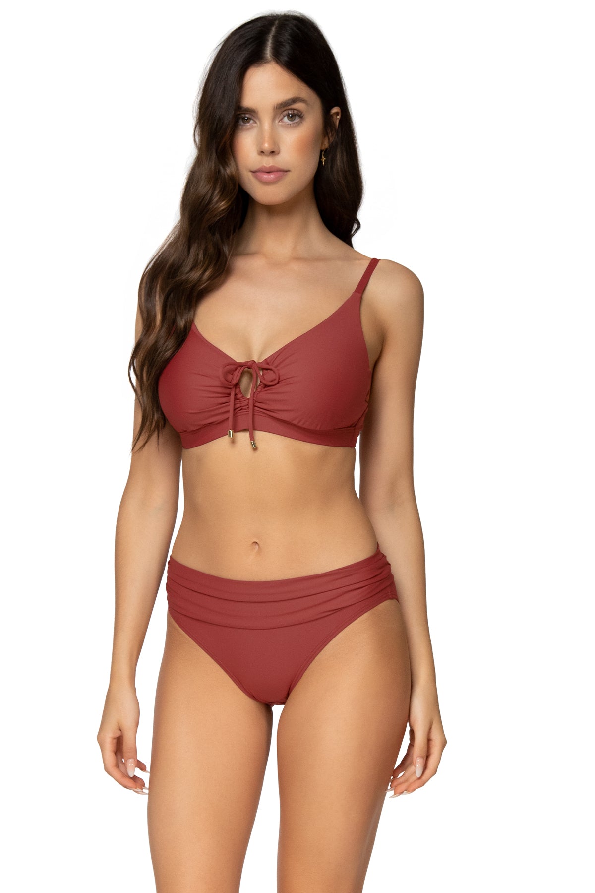 Front view of Sunsets Tuscan Red Kauai Keyhole Top with matching Unforgettable Bottom bikini