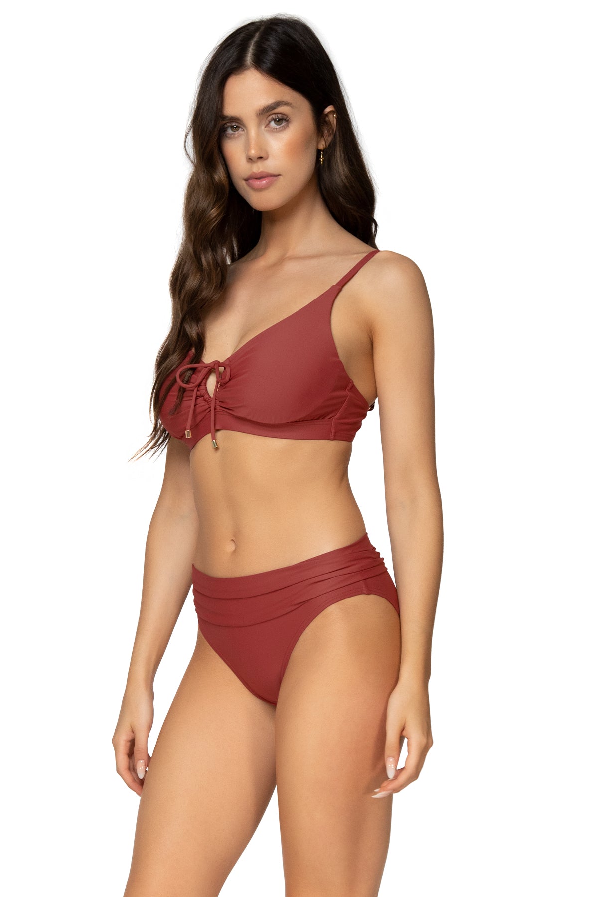 Side view of Sunsets Tuscan Red Kauai Keyhole Top with matching Unforgettable Bottom bikini